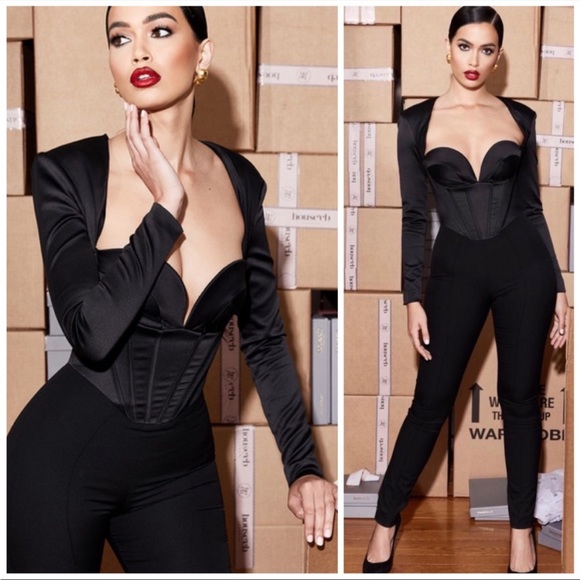 House of CB Pants - House of CB ‘Zoey’ Black Satin Corset Jumpsuit NWOT